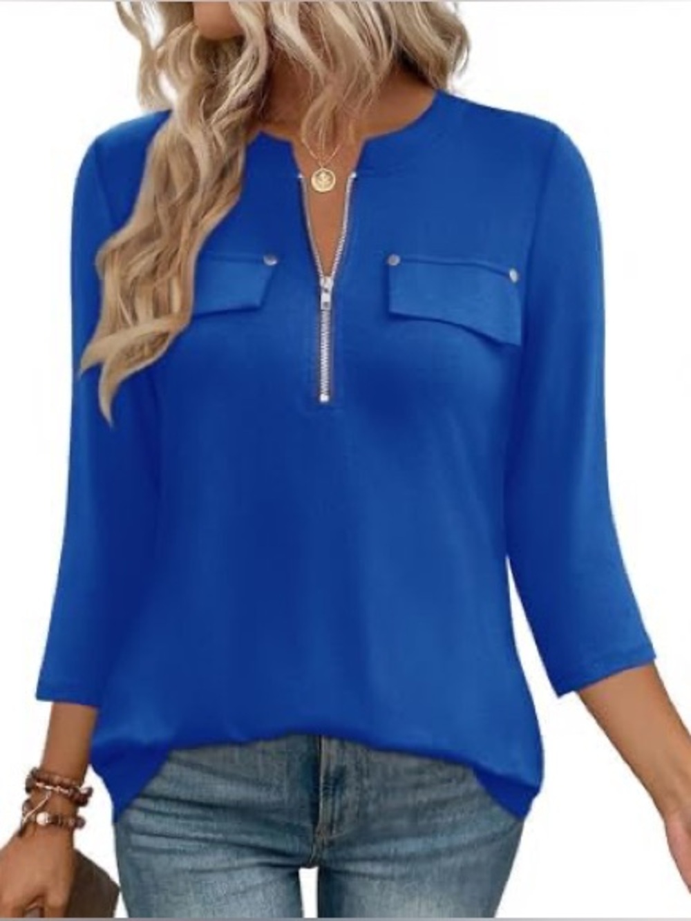 New ANGVNS blue blouse with black detail zipper and pockets